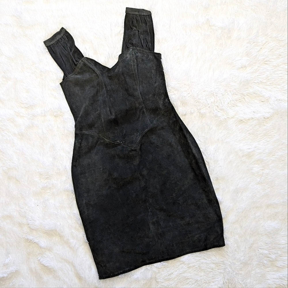 🔴LOWEST!80s Vintage 100% Genuine Suede Leather Black Corset Gothic Sheath Dress